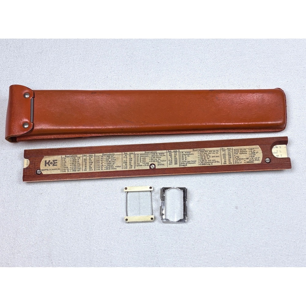Vtg Keuffel Esser K+E Slide Rule N4053-3 Mahogany Leather Case Magnifying Lens'